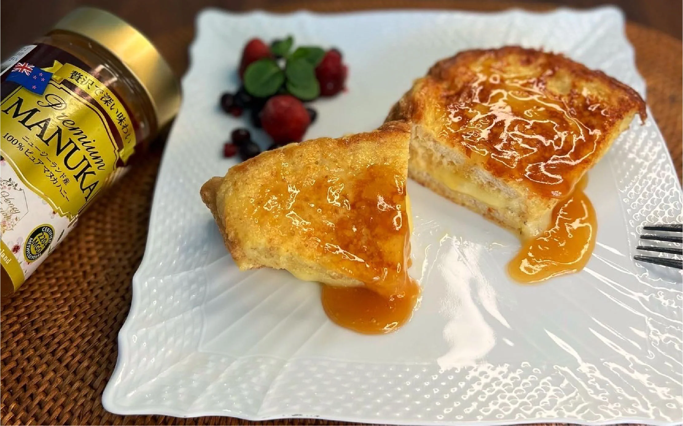 cheese french toast with manuka honey sauce